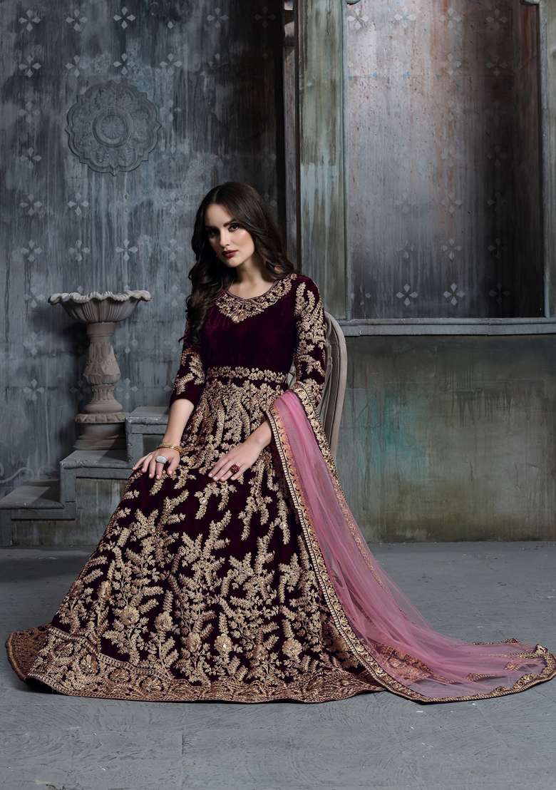 Dark Purple Embroidered Velvet Anarkali Set - Indya