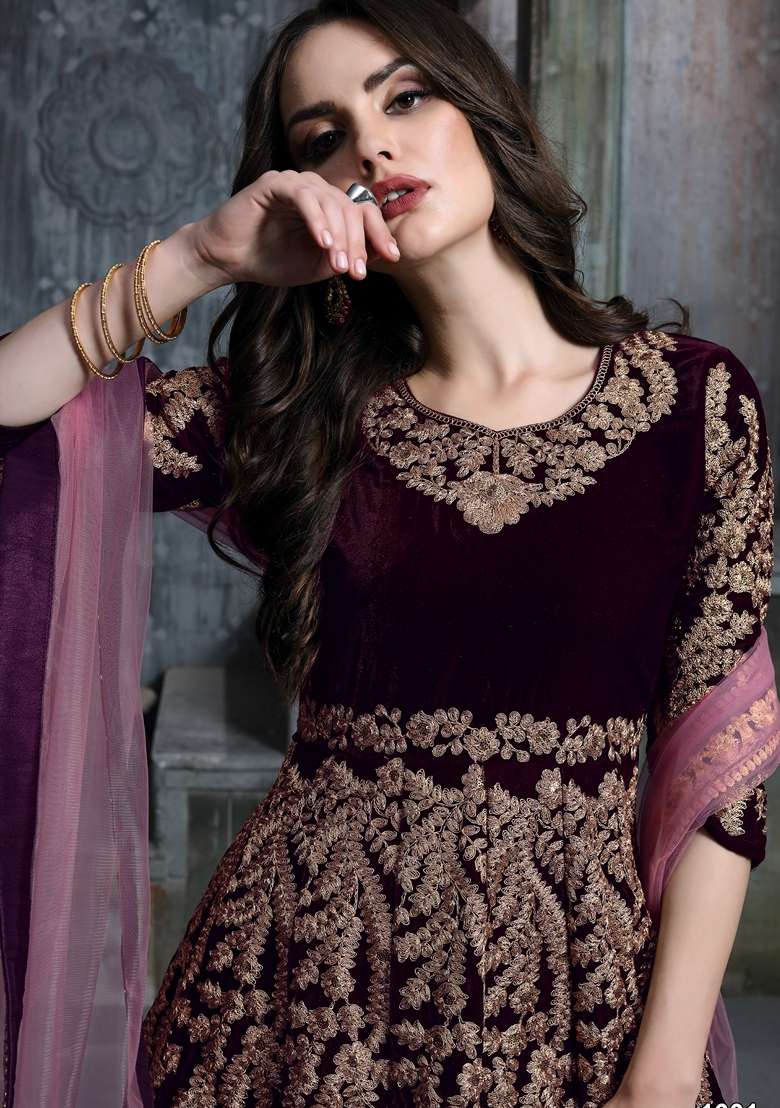 Dark Purple Embroidered Velvet Anarkali Set - Indya