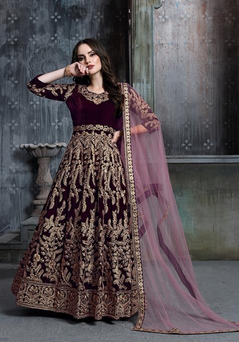 Dark Purple Embroidered Pure Velvet Anarkali Kurta Set