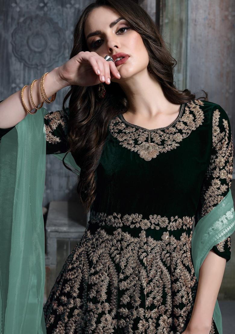 Dark Green Embroidered Pure Velvet Anarkali Kurta Set