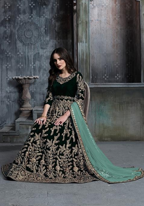 Dark Green Embroidered Pure Velvet Anarkali Kurta Set