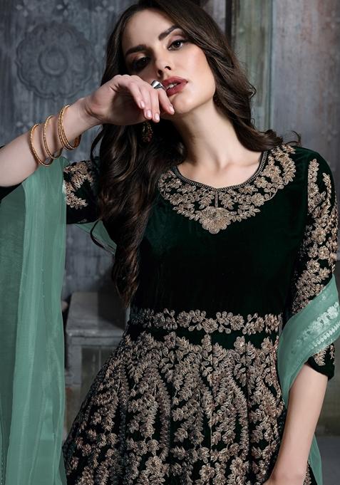 Dark Green Embroidered Pure Velvet Anarkali Kurta Set