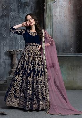 Navy Blue Embroidered Pure Velvet Anarkali Kurta Set