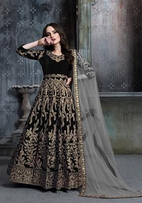 Black Embroidered Pure Velvet Anarkali Kurta Set