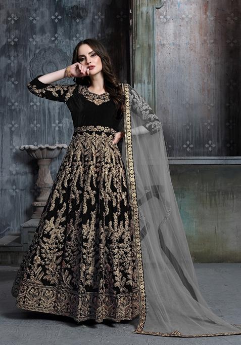 Black Embroidered Pure Velvet Anarkali Kurta Set