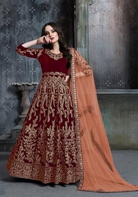 Maroon Embroidered Pure Velvet Anarkali Kurta Set