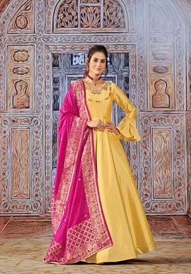 Yellow Embroidered Silk Anarkali Kurta Set