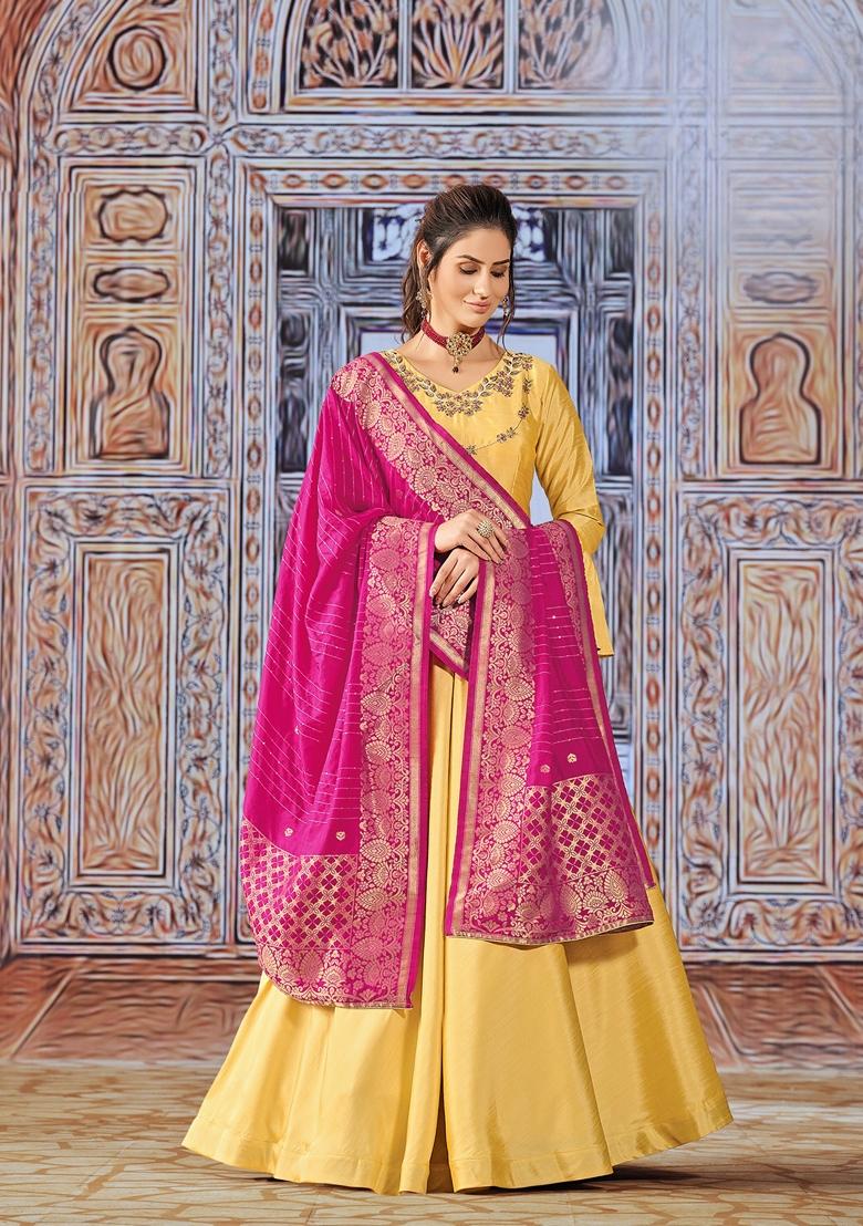 Yellow Embroidered Silk Anarkali Kurta Set