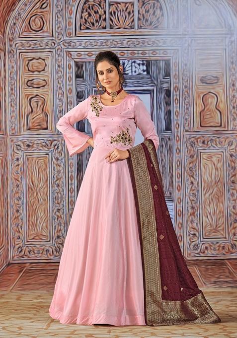 Pink Embroidered Silk Anarkali Kurta Set