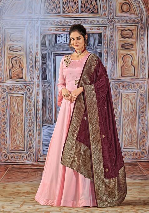 Pink Embroidered Silk Anarkali Kurta Set