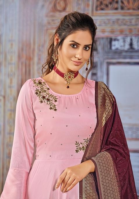 Pink Embroidered Silk Anarkali Kurta Set