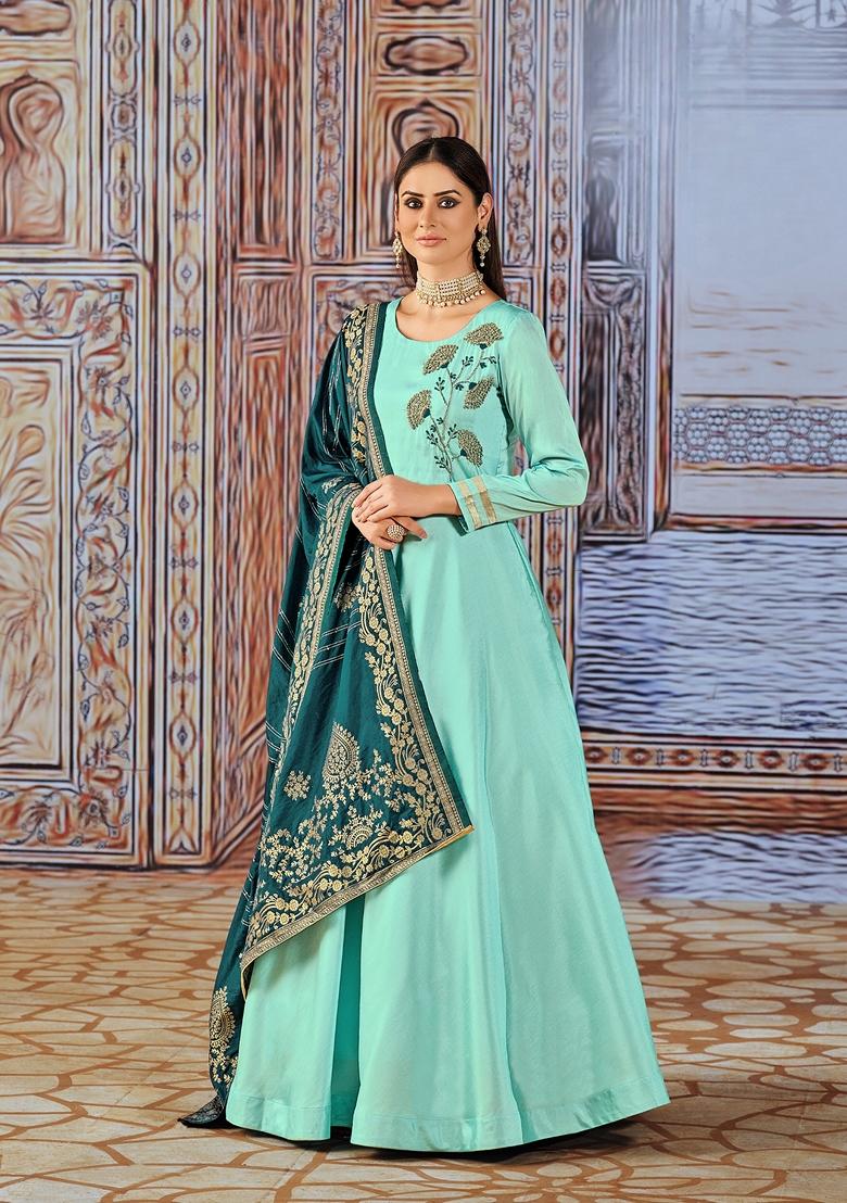 Light Green Embroidered Silk Anarkali Kurta Set