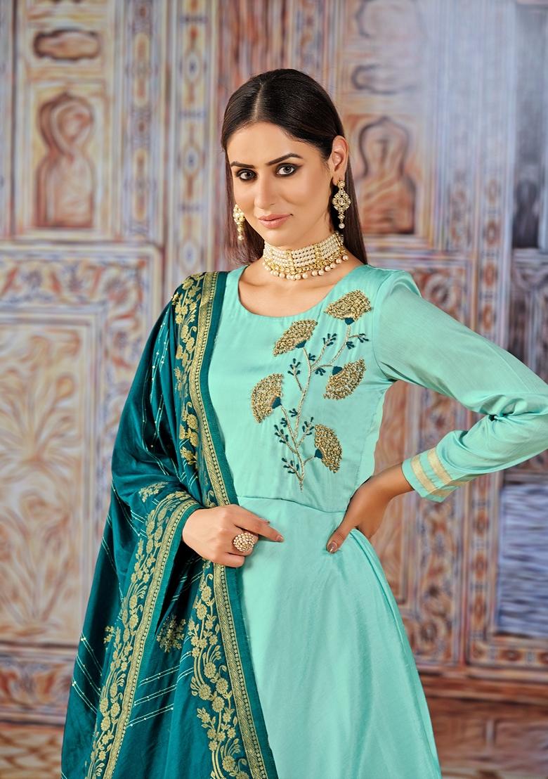 Light Green Embroidered Silk Anarkali Kurta Set