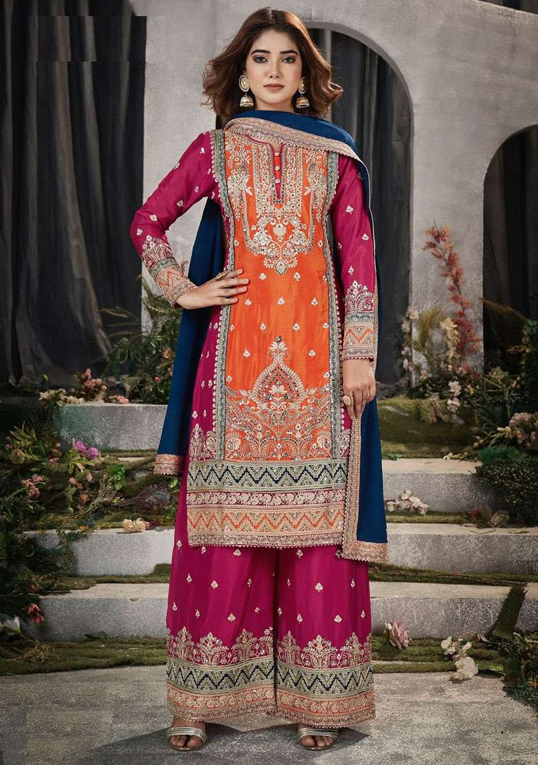 Orange Embroidered Silk Blend Sharara Set - Indya