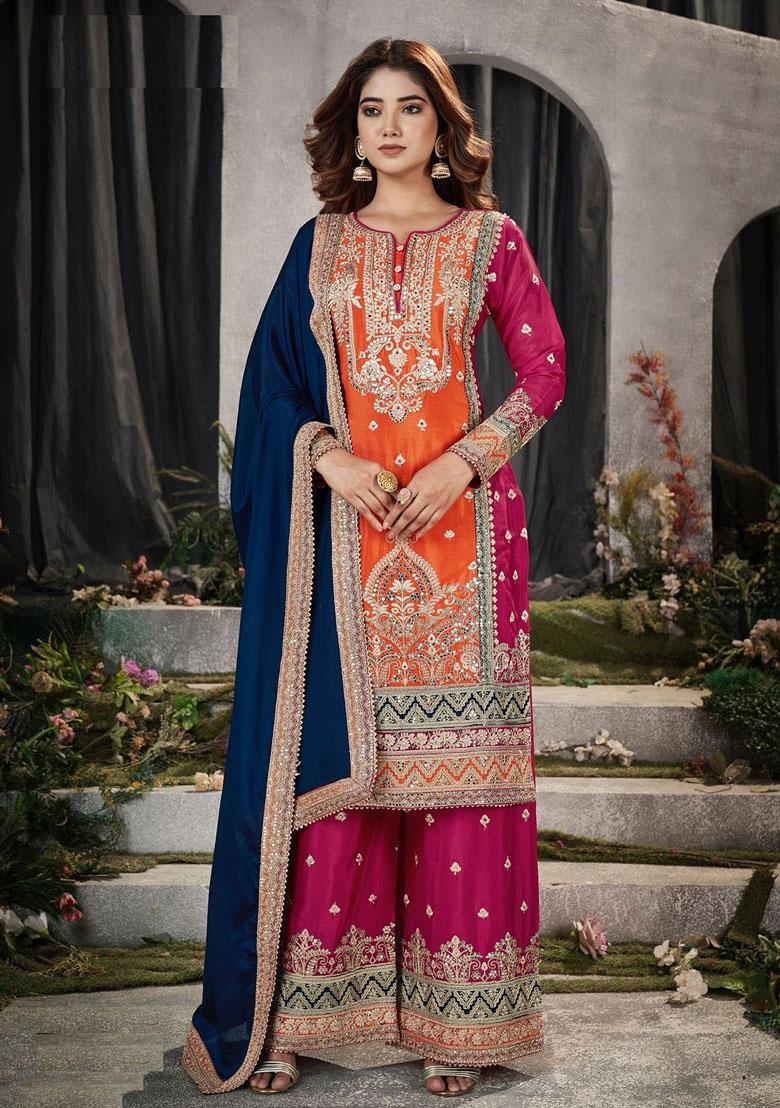 Orange Embroidered Pure Silk Kurta Set