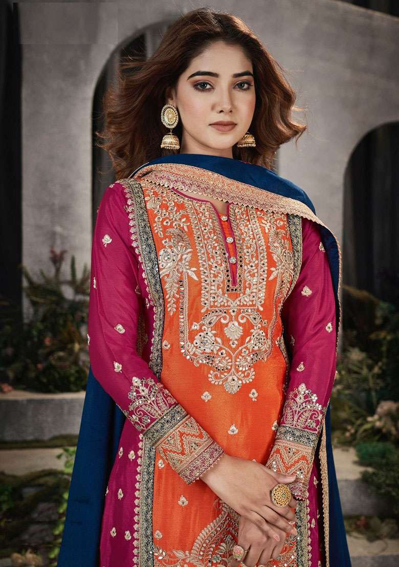 Orange Embroidered Silk Blend Sharara Set - Indya