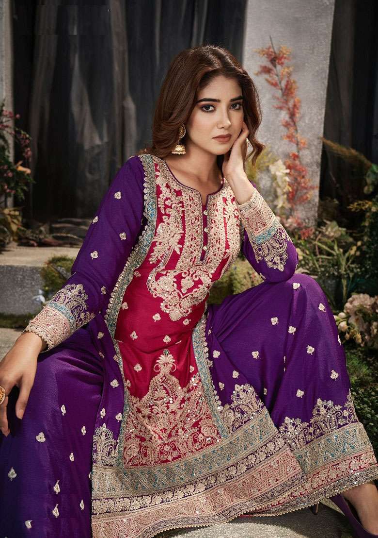 Maroon Embroidered Silk Blend Sharara Set - Indya
