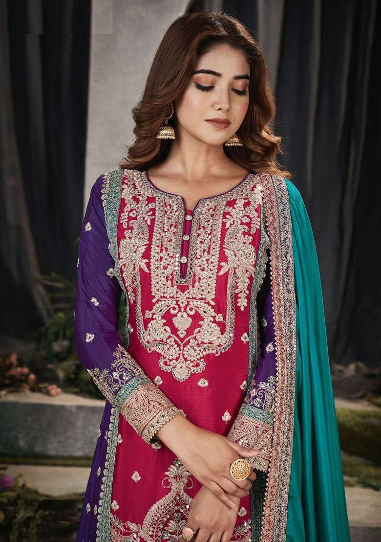 Maroon Embroidered Silk Blend Sharara Set - Indya