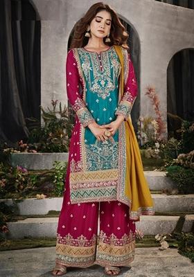 Teal Embroidered Pure Silk Kurta Set