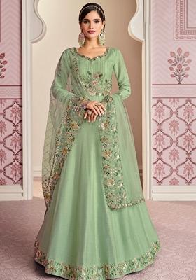 Light Green Embroidered Pure Silk Anarkali Kurta Set