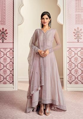 Light Lavender Embroidered Pure Silk Anarkali Kurta Set