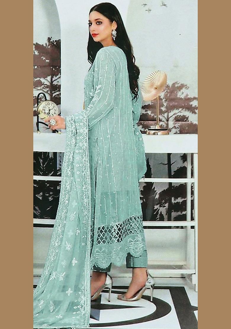 Sky Blue Embroidered Faux Georgette Kurta Set