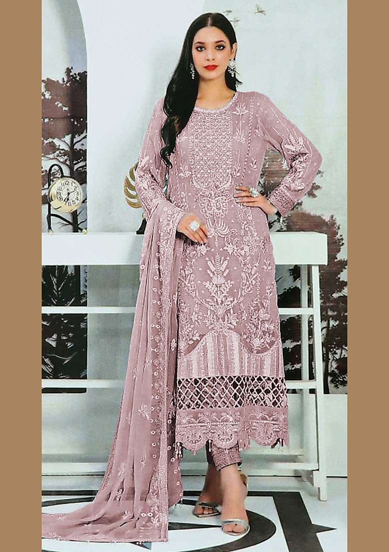 Lavender Embroidered Faux Georgette Kurta Set - Indya