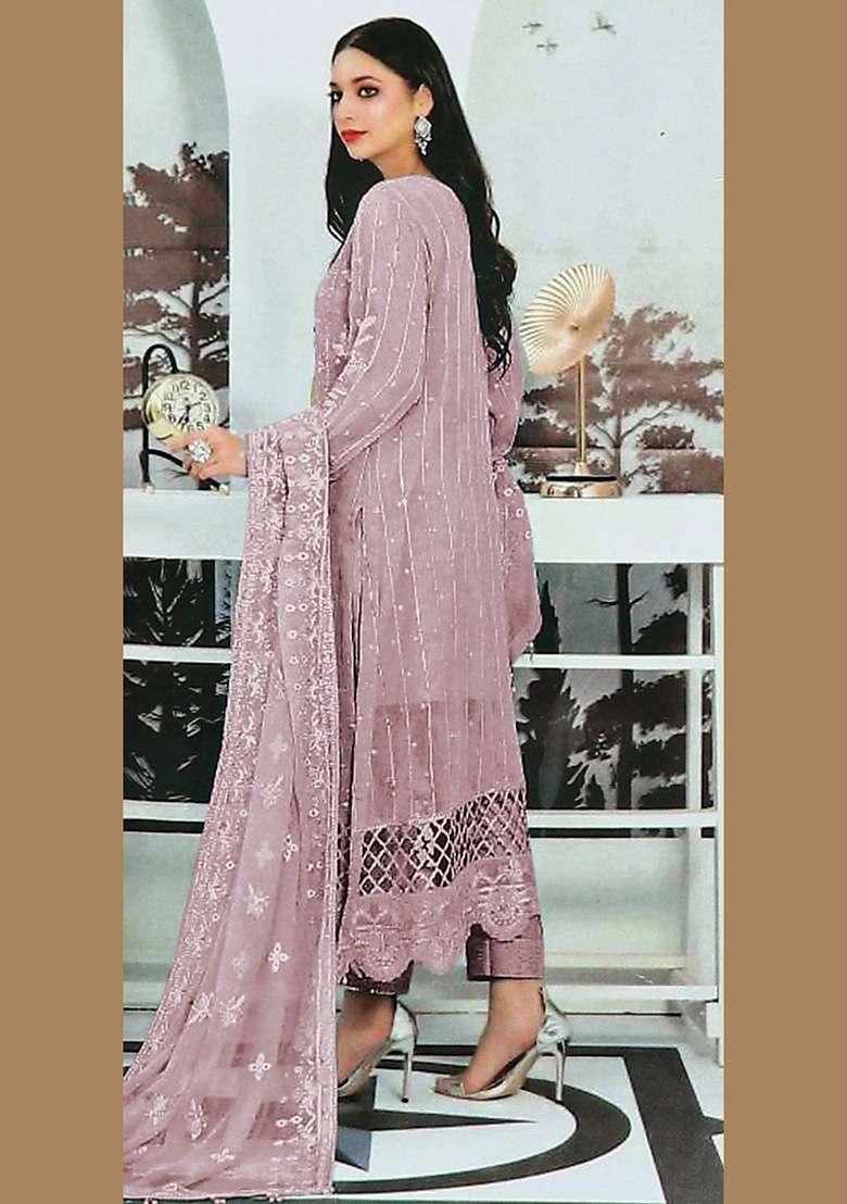 Lavender Embroidered Faux Georgette Kurta Set - Indya