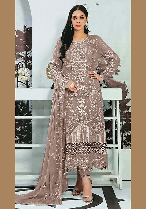 Brown Embroidered Faux Georgette Kurta Set