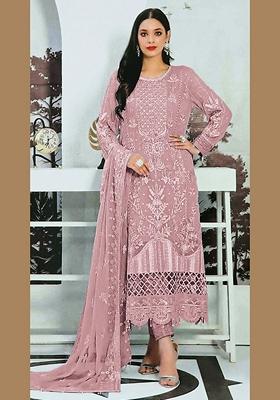 Pink Embroidered Faux Georgette Kurta Set