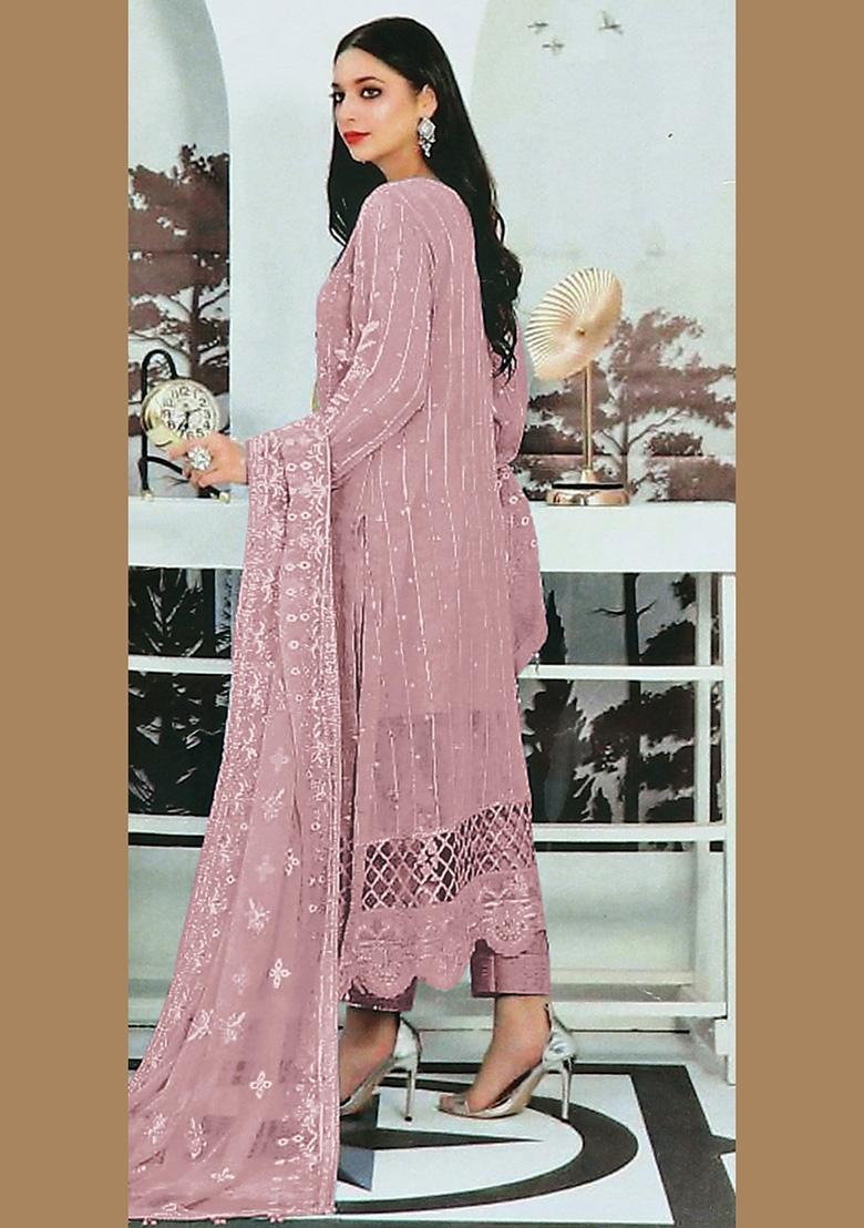 Pink Embroidered Faux Georgette Kurta Set