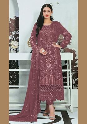 Wine Embroidered Faux Georgette Kurta Set