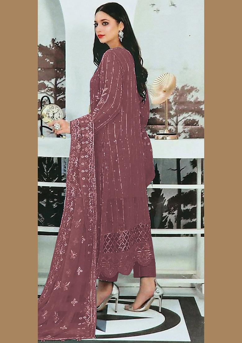 Wine Embroidered Faux Georgette Kurta Set