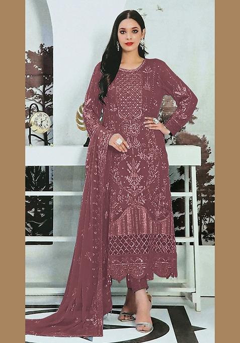 Wine Embroidered Faux Georgette Kurta Set