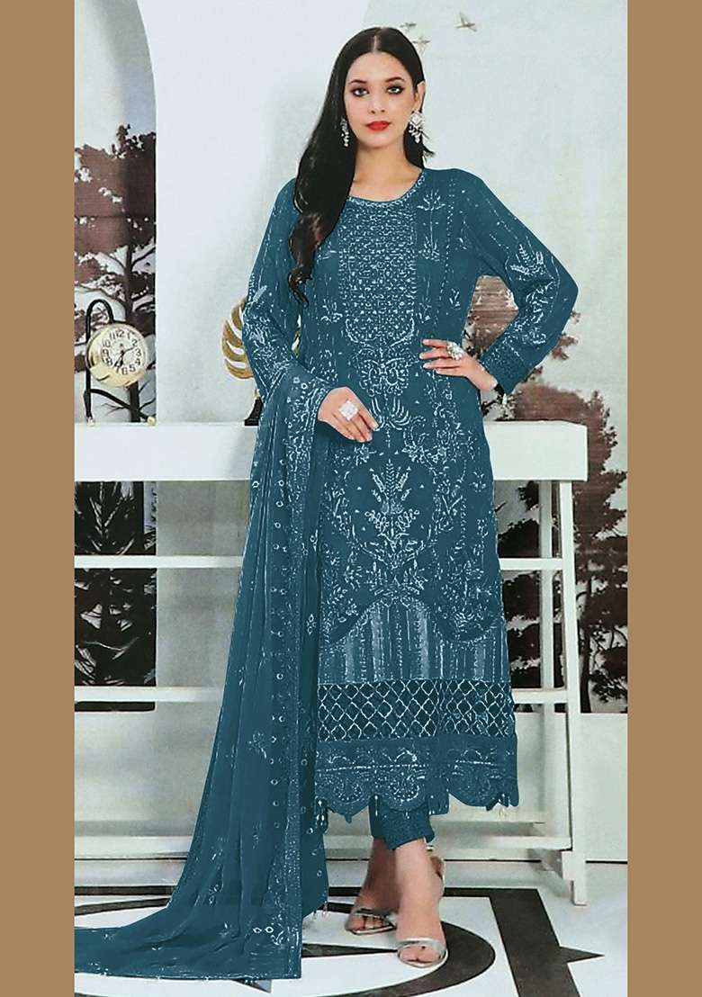 Teal Embroidered Faux Georgette Kurta Set - Indya