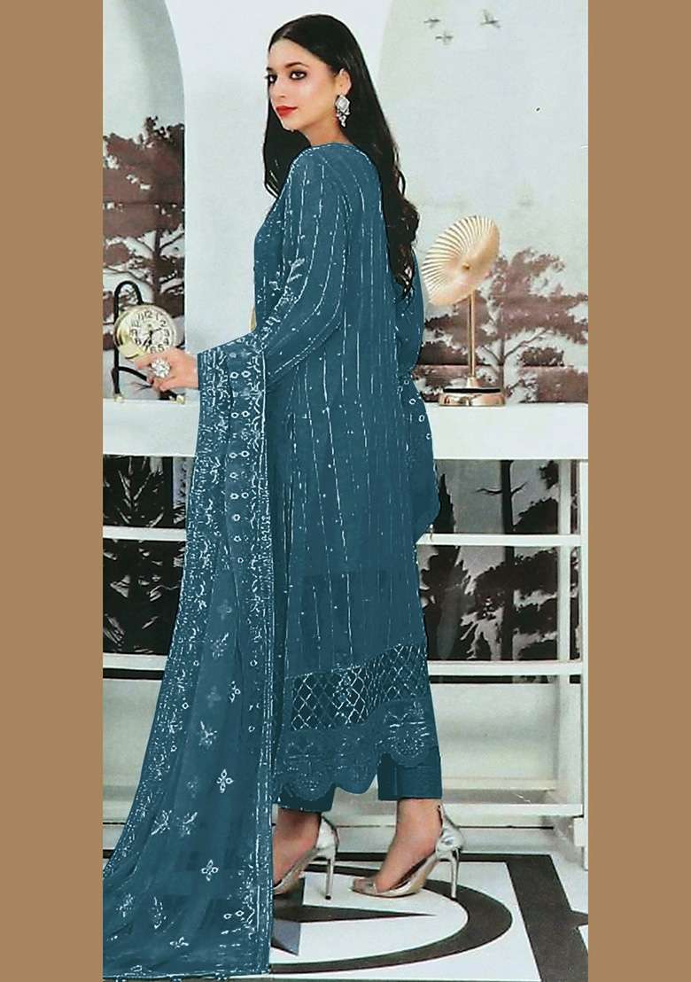 Teal Embroidered Faux Georgette Kurta Set - Indya