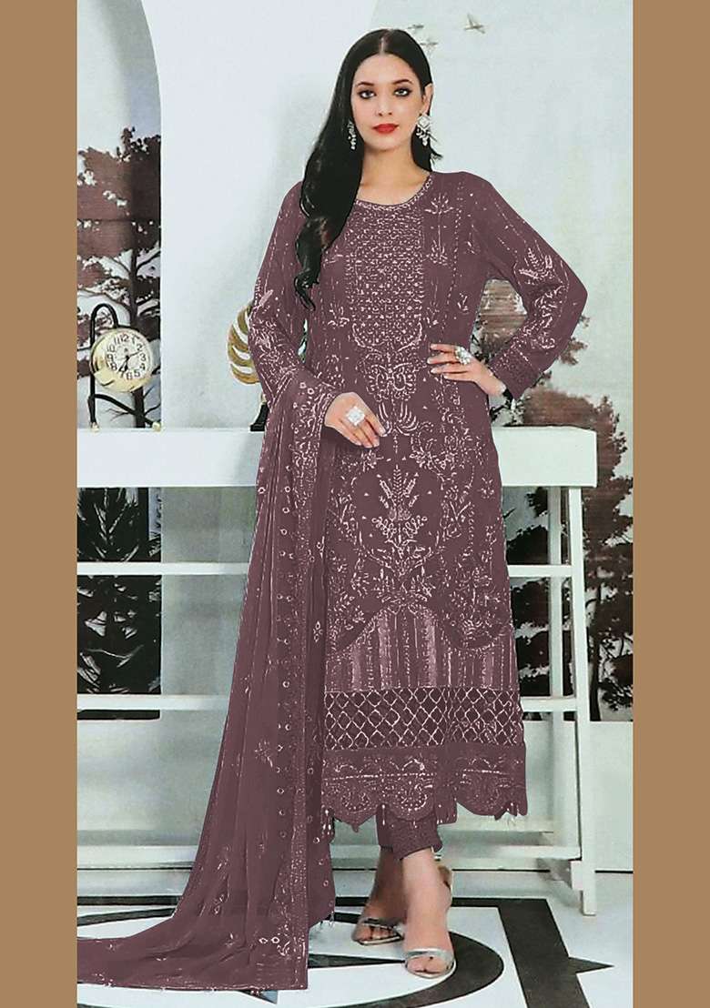 Purple Embroidered Faux Georgette Kurta Set - Indya