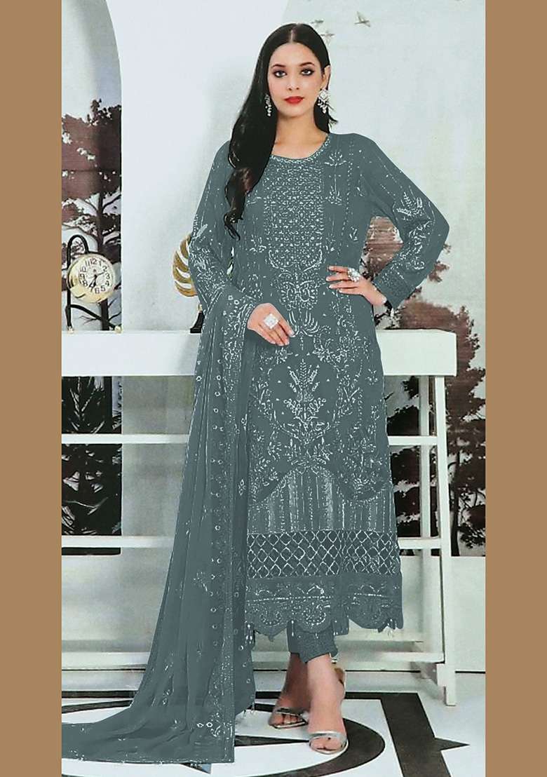 Grey Embroidered Faux Georgette Kurta Set - Indya