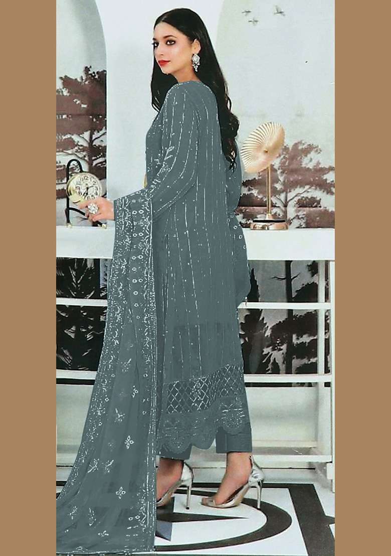Grey Embroidered Faux Georgette Kurta Set - Indya
