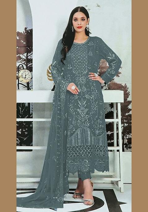 Grey Embroidered Faux Georgette Kurta Set