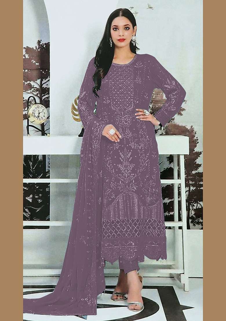 Light Purple Embroidered Faux Georgette Kurta Set - Indya
