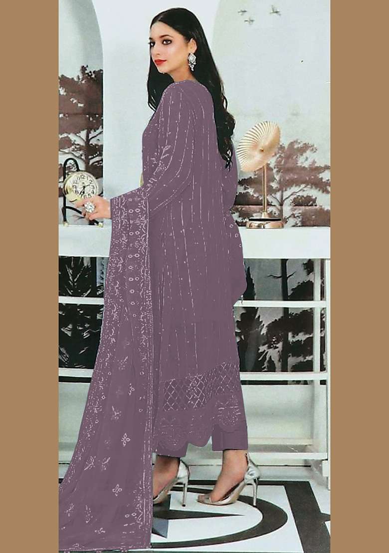 Light Purple Embroidered Faux Georgette Kurta Set - Indya