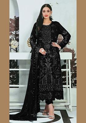 Black Embroidered Faux Georgette Kurta Set