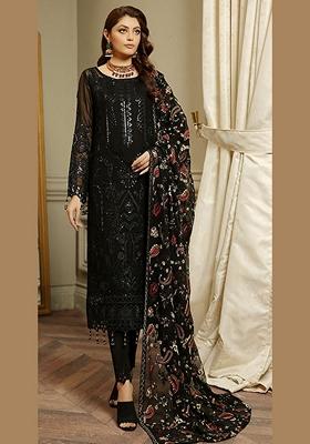 Black Embroidered Faux Georgette Kurta Set