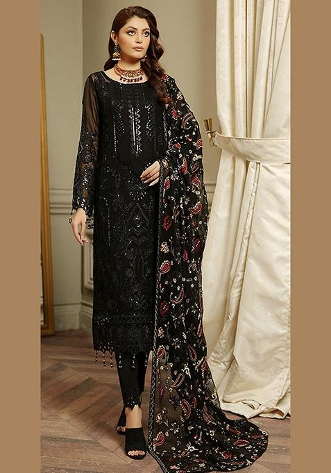 Black Embroidered Faux Georgette Kurta Set