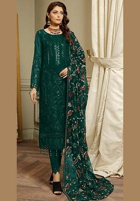 Green Embroidered Faux Georgette Kurta Set