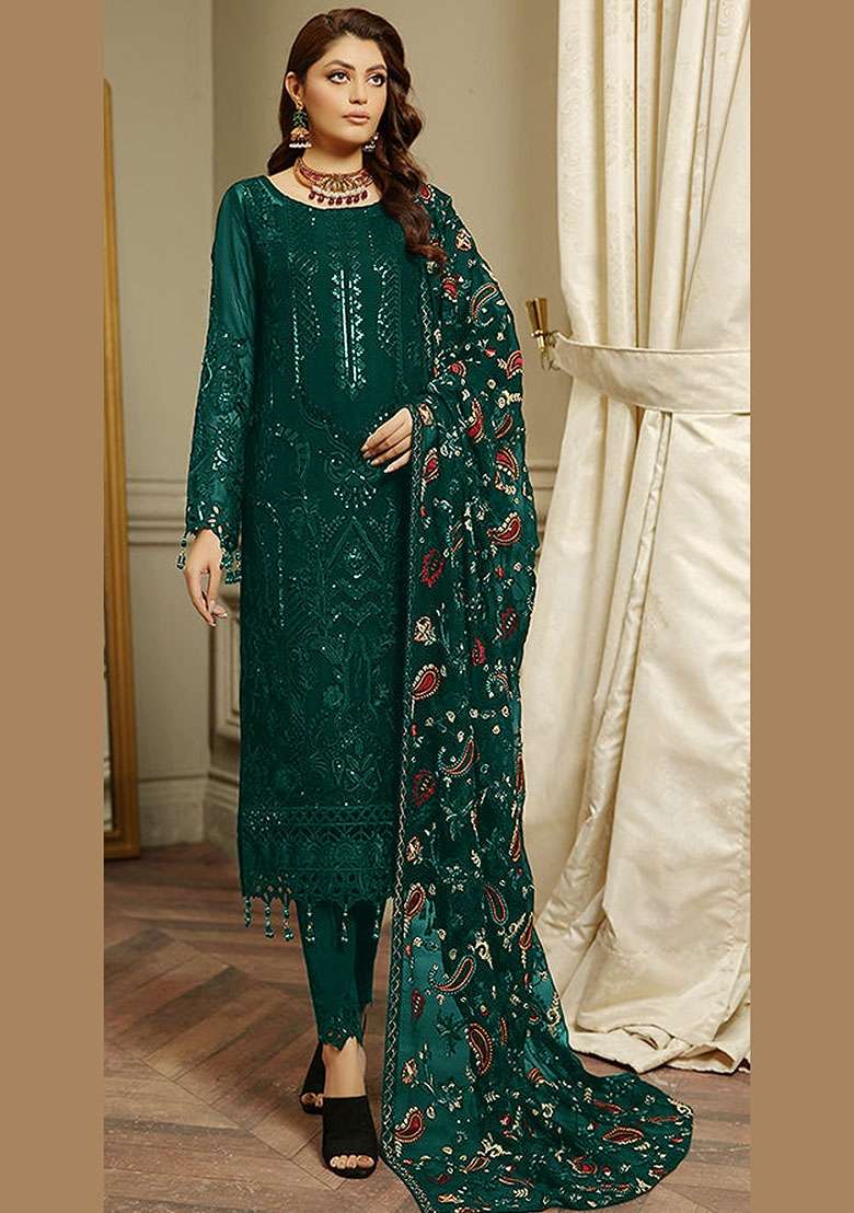 Green Embroidered Faux Georgette Kurta Set - Indya
