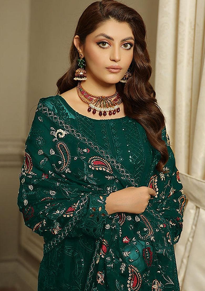 Green Embroidered Faux Georgette Kurta Set