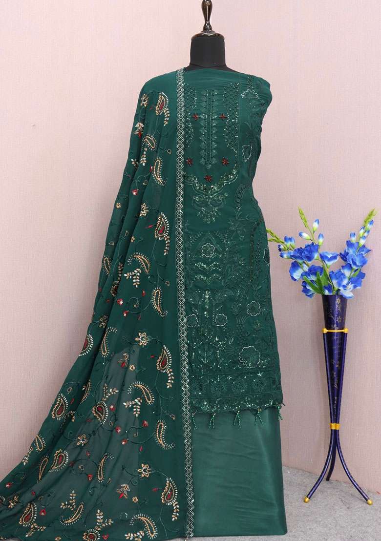 Green Embroidered Faux Georgette Kurta Set - Indya