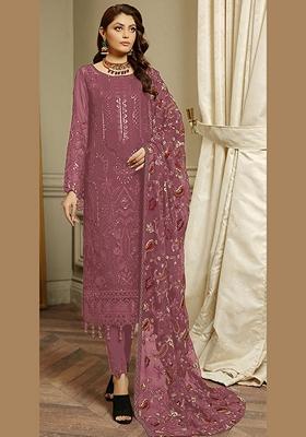 Peach Embroidered Faux Georgette Kurta Set